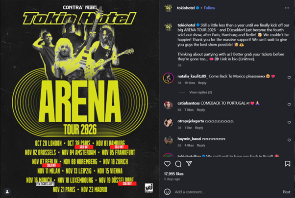Image sourced from the official Instagram of Tokio Hotel